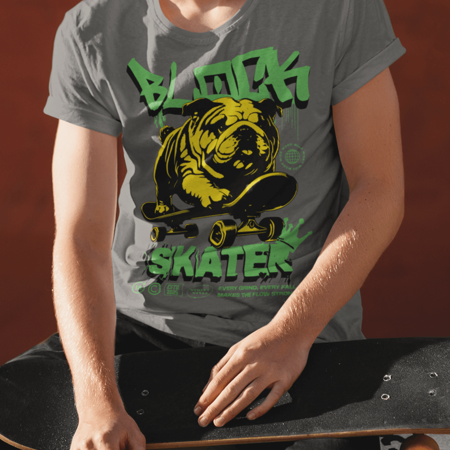 Model wearing unisex “BLOCK SKATER” graffiti-style bulldog skate t-shirt, black streetwear tee by LostLogicCo Canada