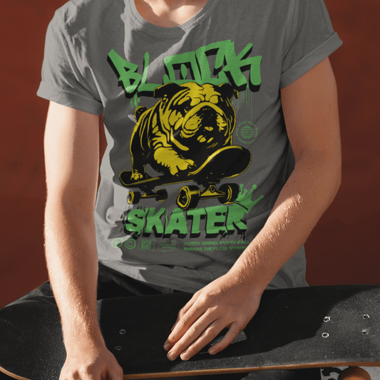 Model wearing unisex “BLOCK SKATER” graffiti-style bulldog skate t-shirt, black streetwear tee by LostLogicCo Canada