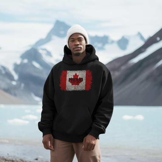 Model wearing black hoodie featuring Canadian flag maple leaf “Proud” design, unisex patriotic streetwear by LostLogicCo Canada