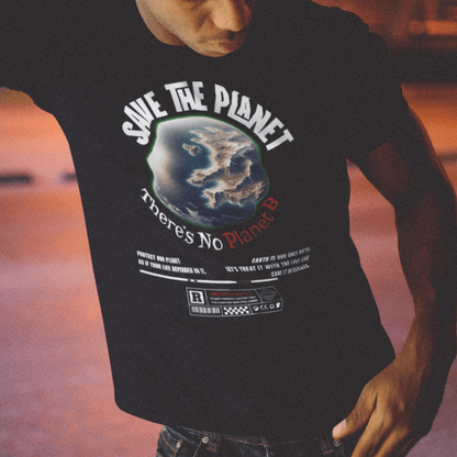 Model wearing “Save The Planet There’s No Planet B” t-shirt with Earth graphic, environmental message tee by LostLogicCo Canada