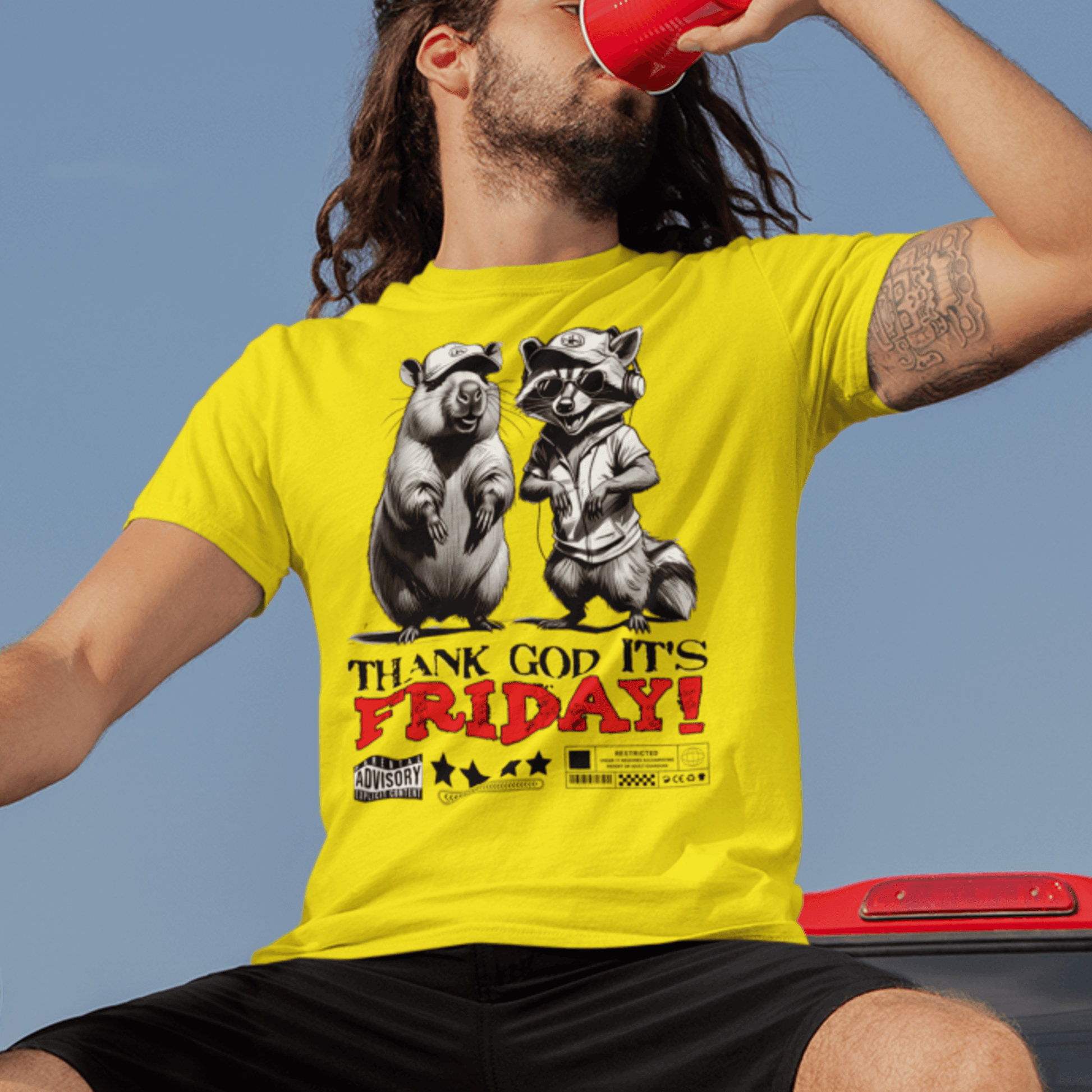 Model wearing unisex graphic t-shirt with “Thank God It’s Friday!” cartoon animal design, casual softstyle tee by LostLogicCo Canada