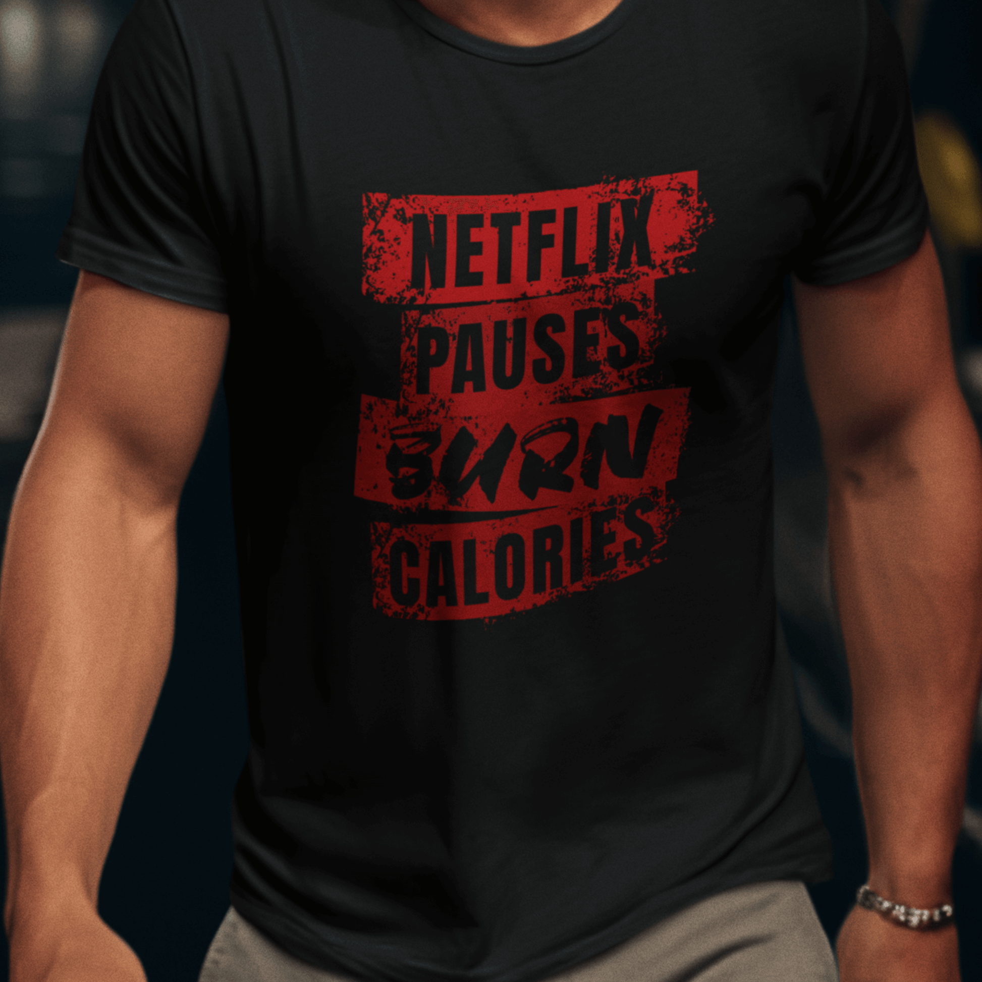 Model wearing unisex typography t-shirt with “Netflix Pauses Burn Calories” design, casual short sleeve cotton tee by LostLogicCo Canada