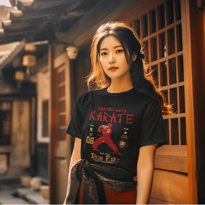 Model wearing unisex martial arts t-shirt with “Iron Fist Karate” design, casual softstyle cotton tee by LostLogicCo Canada