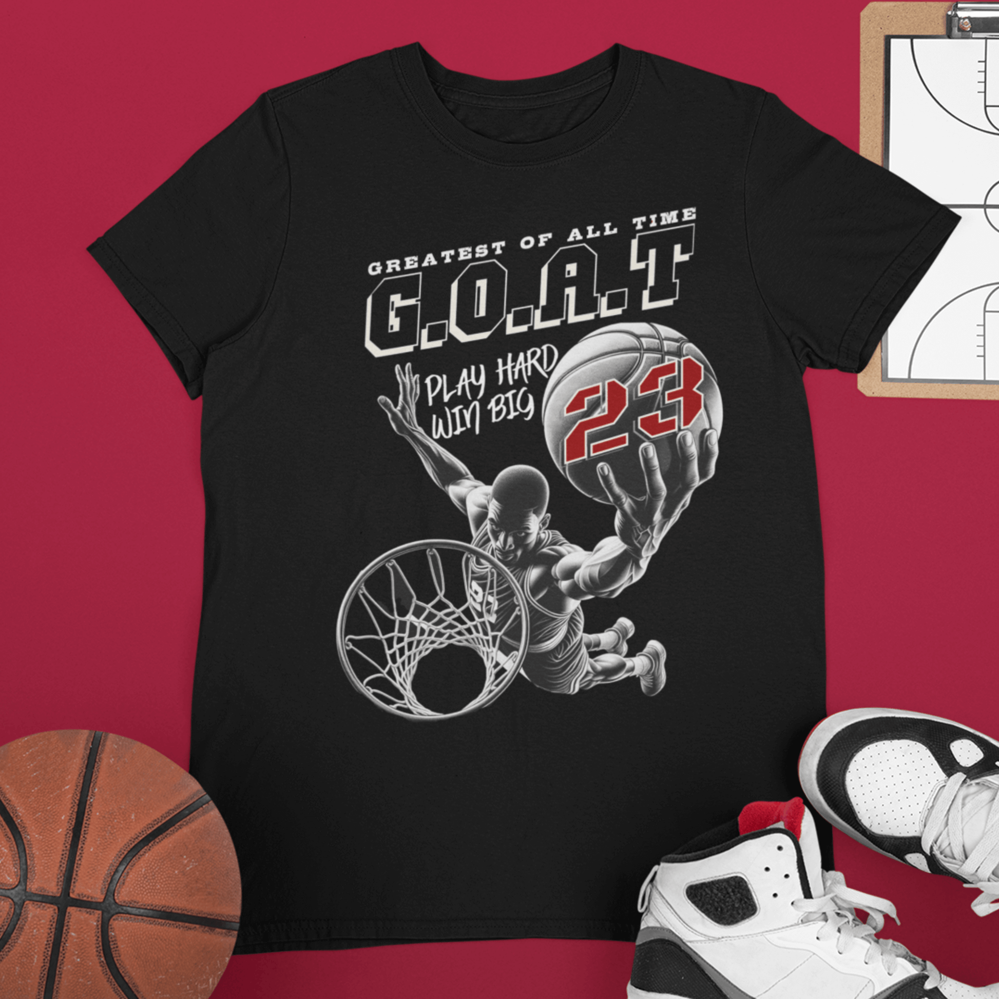 Child wearing youth basketball t-shirt with “G.O.A.T Slam Dunk 23” graphic design, casual short sleeve sports tee by LostLogicCo Canada