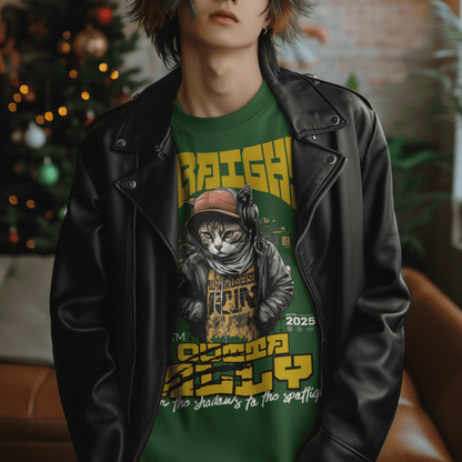 Model wearing unisex graphic sweatshirt with “Straight Outta Alley” cat design, casual streetwear crewneck by LostLogicCo Canada