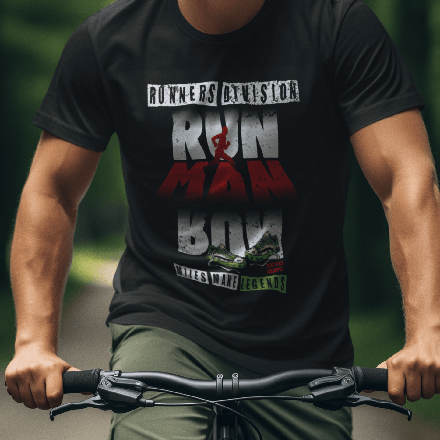 Model wearing unisex running graphic t-shirt with “Run Man Run” motivational design, casual cotton short sleeve tee by LostLogicCo Canada