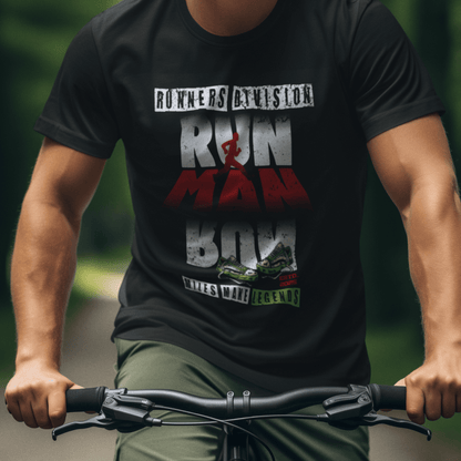 Model wearing unisex running graphic t-shirt with “Run Man Run” motivational design, casual cotton short sleeve tee by LostLogicCo Canada