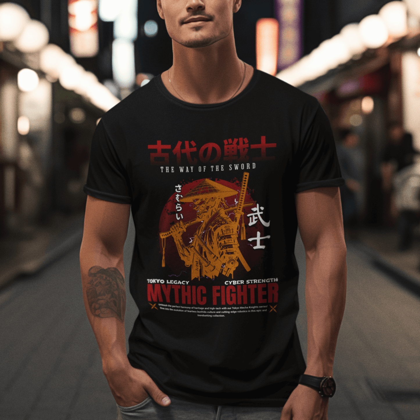 Model wearing unisex graphic t-shirt with “Mythic Fighter Samurai” design, casual soft cotton tee by LostLogicCo Canada