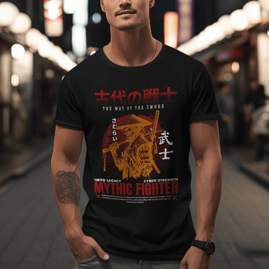 Model wearing unisex graphic t-shirt with “Mythic Fighter Samurai” design, casual soft cotton tee by LostLogicCo Canada