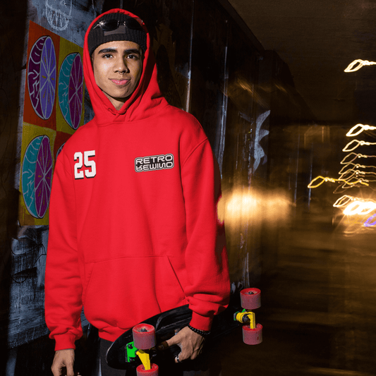 Model wearing red hoodie featuring bold “25” numeric graphic with retro sewn accent, unisex streetwear by LostLogicCo Canada