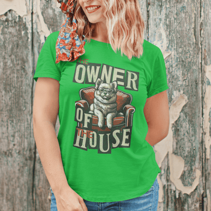 Model wearing unisex dog graphic t-shirt with “Owner of the House” design, casual soft cotton tee by LostLogicCo Canada