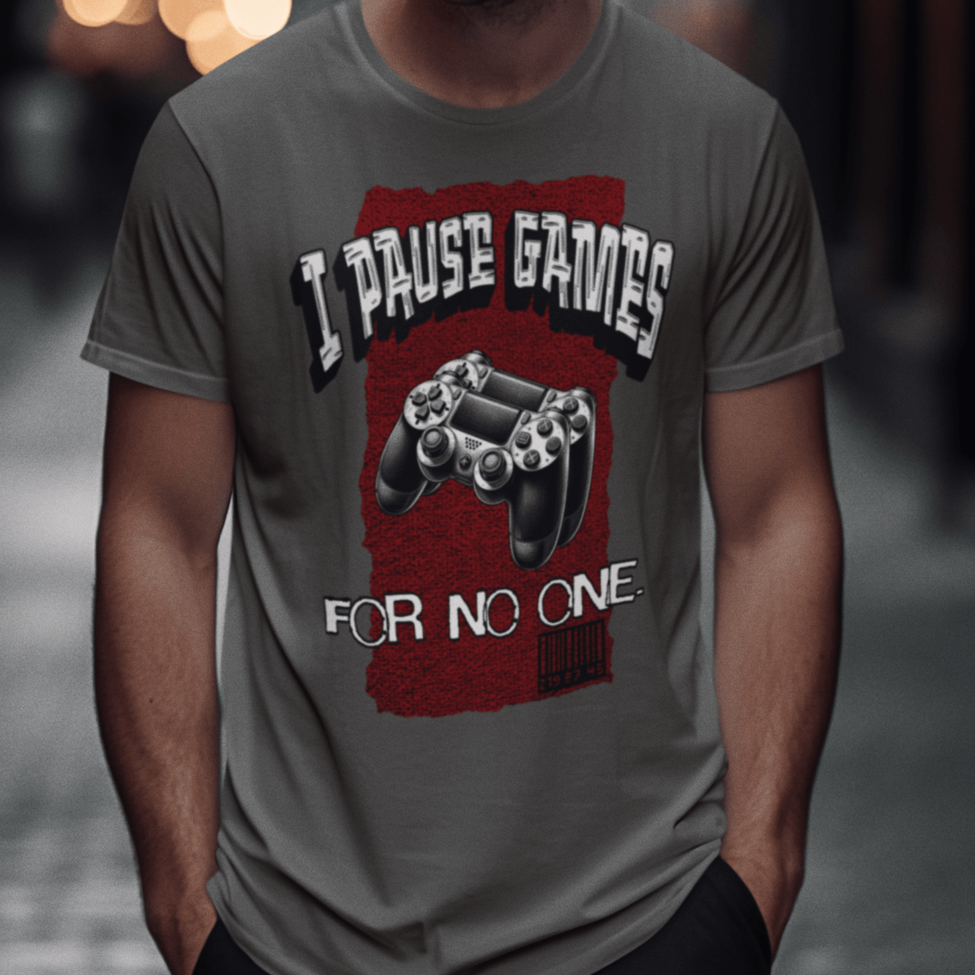 Model wearing unisex gamer t-shirt with “I Pause Games for No One” design, casual short sleeve tee by LostLogicCo Canada