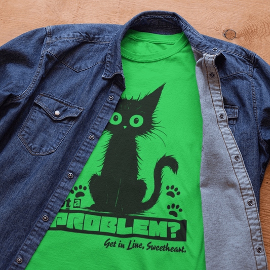 Model wearing unisex cat graphic t-shirt, casual short sleeve cotton tee by LostLogicCo Canada