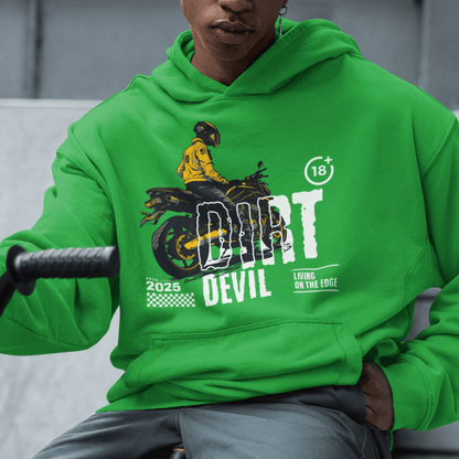 Model wearing green motorcycle hoodie with “Dirt Devil” bold design and biker artwork, unisex streetwear hoodie by LostLogicCo Canada