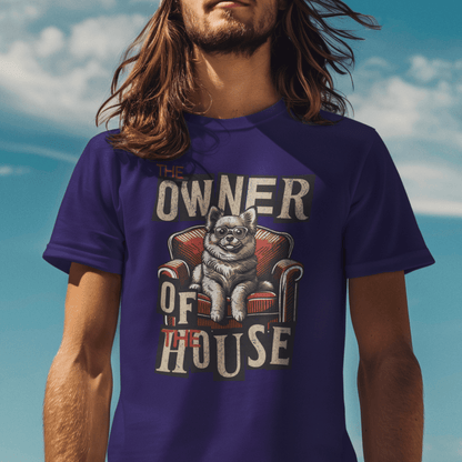 Model wearing unisex dog graphic t-shirt with “Owner of the House” design, casual soft cotton tee by LostLogicCo Canada