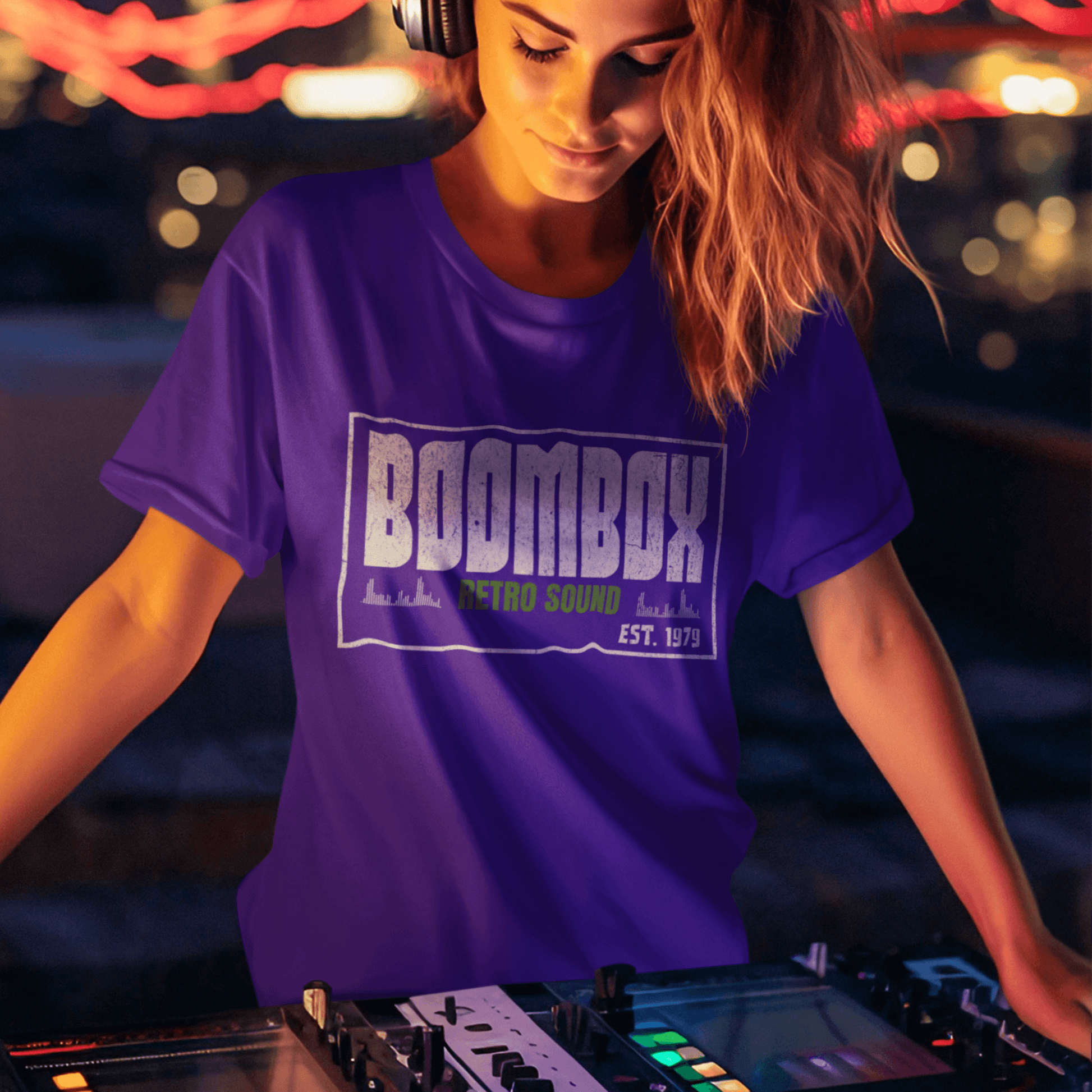 Model wearing unisex graphic t-shirt with “Boombox Retro Sound” design, casual short sleeve cotton tee by LostLogicCo Canada