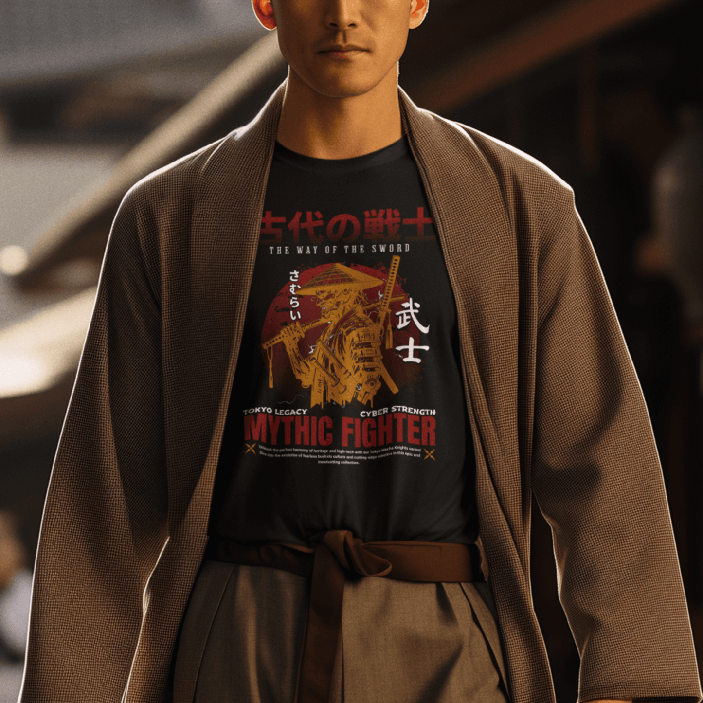 Model wearing unisex graphic t-shirt with “Mythic Fighter Samurai” design, casual soft cotton tee by LostLogicCo Canada