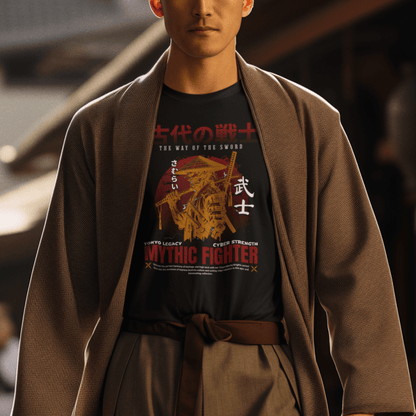 Model wearing unisex graphic t-shirt with “Mythic Fighter Samurai” design, casual soft cotton tee by LostLogicCo Canada