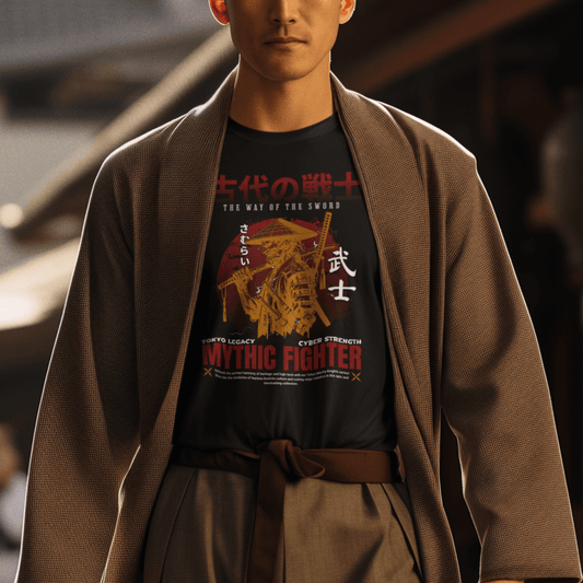 Model wearing unisex graphic t-shirt with “Mythic Fighter Samurai” design, casual soft cotton tee by LostLogicCo Canada