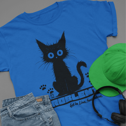 Model wearing unisex cat graphic t-shirt, casual short sleeve cotton tee by LostLogicCo Canada