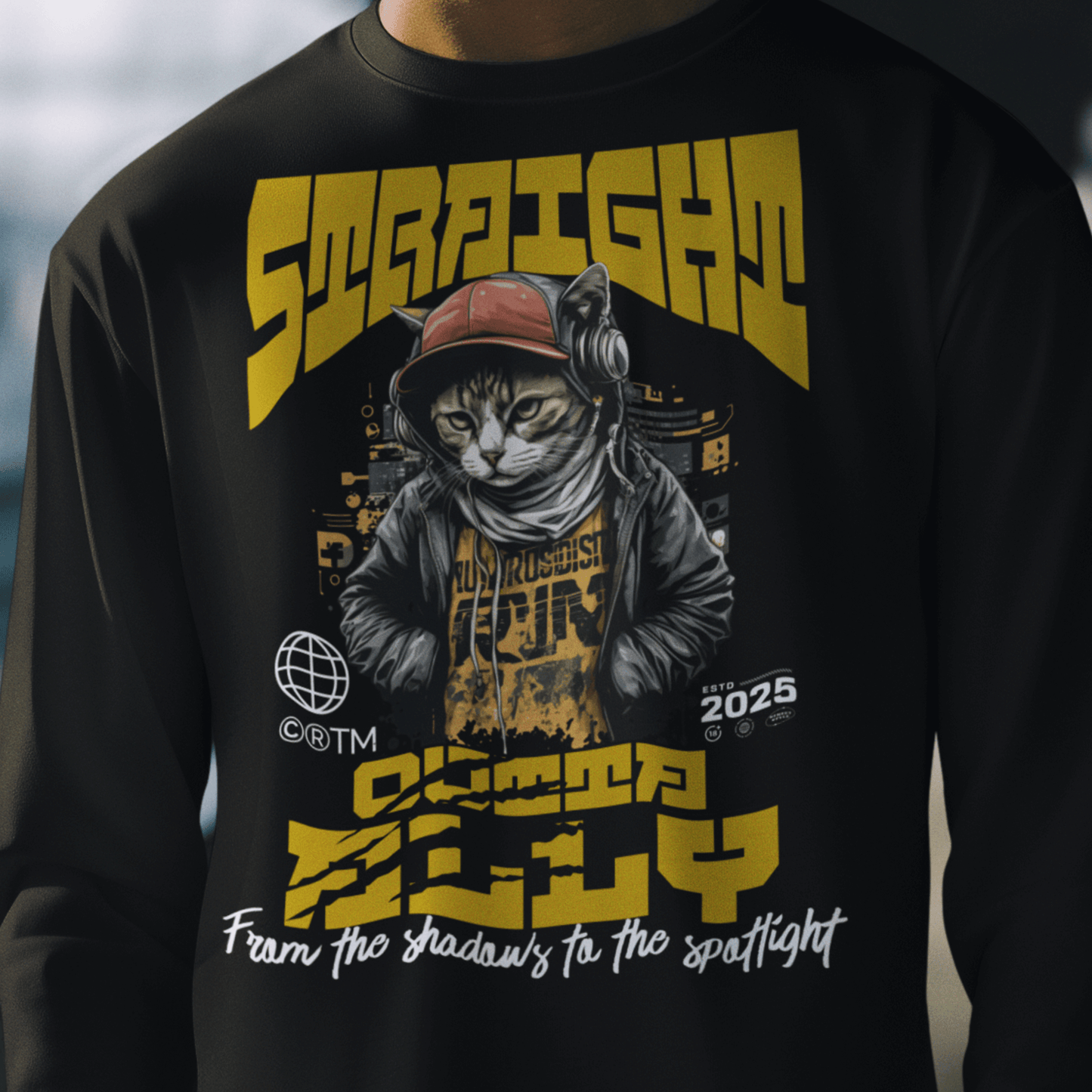 Model wearing unisex graphic sweatshirt with “Straight Outta Alley” cat design, casual streetwear crewneck by LostLogicCo Canada