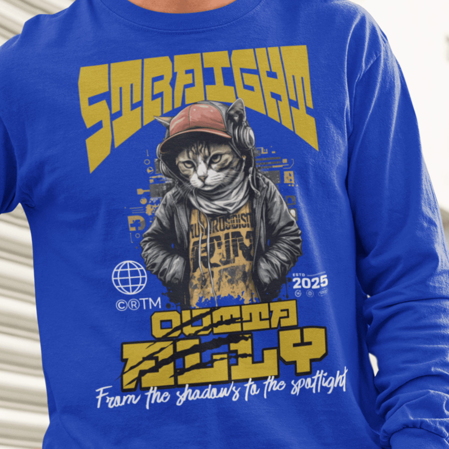 Model wearing unisex graphic sweatshirt with “Straight Outta Alley” cat design, casual streetwear crewneck by LostLogicCo Canada