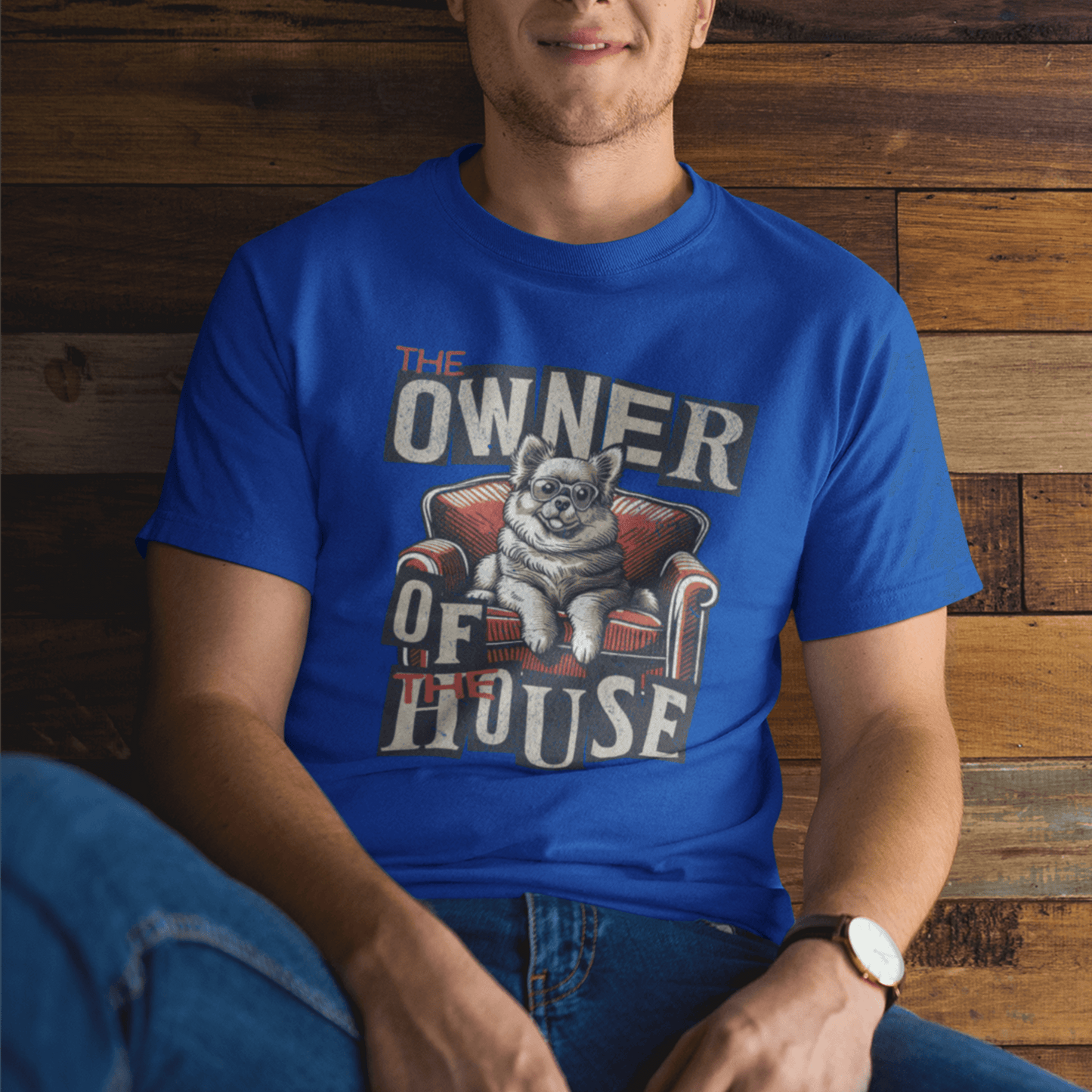 Model wearing unisex dog graphic t-shirt with “Owner of the House” design, casual soft cotton tee by LostLogicCo Canada
