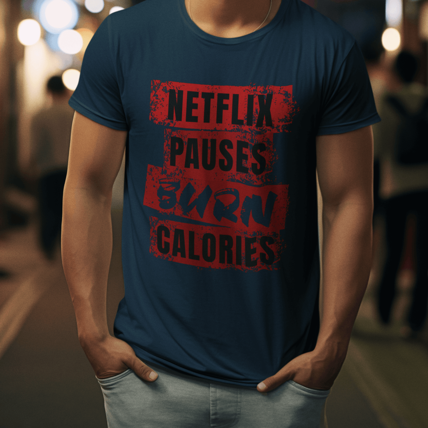 Model wearing unisex typography t-shirt with “Netflix Pauses Burn Calories” design, casual short sleeve cotton tee by LostLogicCo Canada