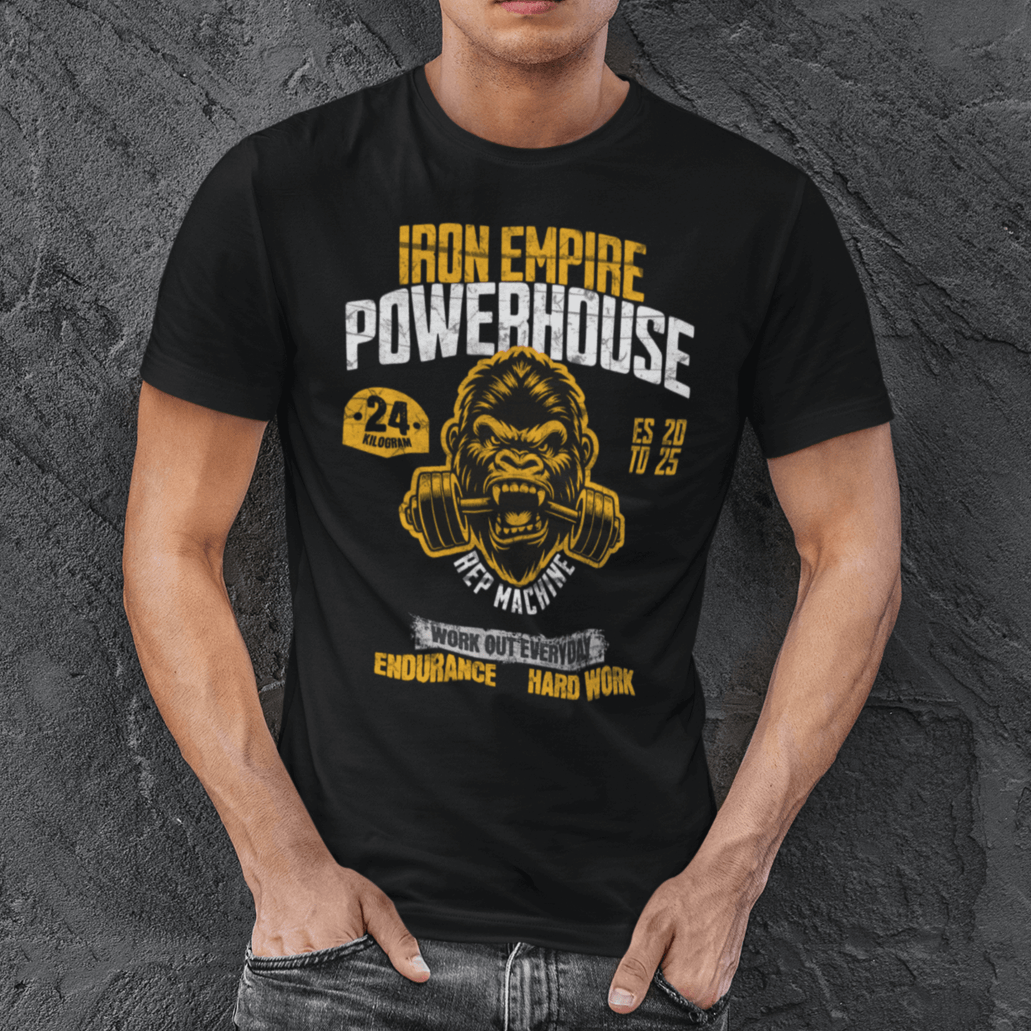 Model wearing unisex gym graphic t-shirt with “Iron Empire Powerhouse” gorilla design, casual cotton tee by LostLogicCo Canada