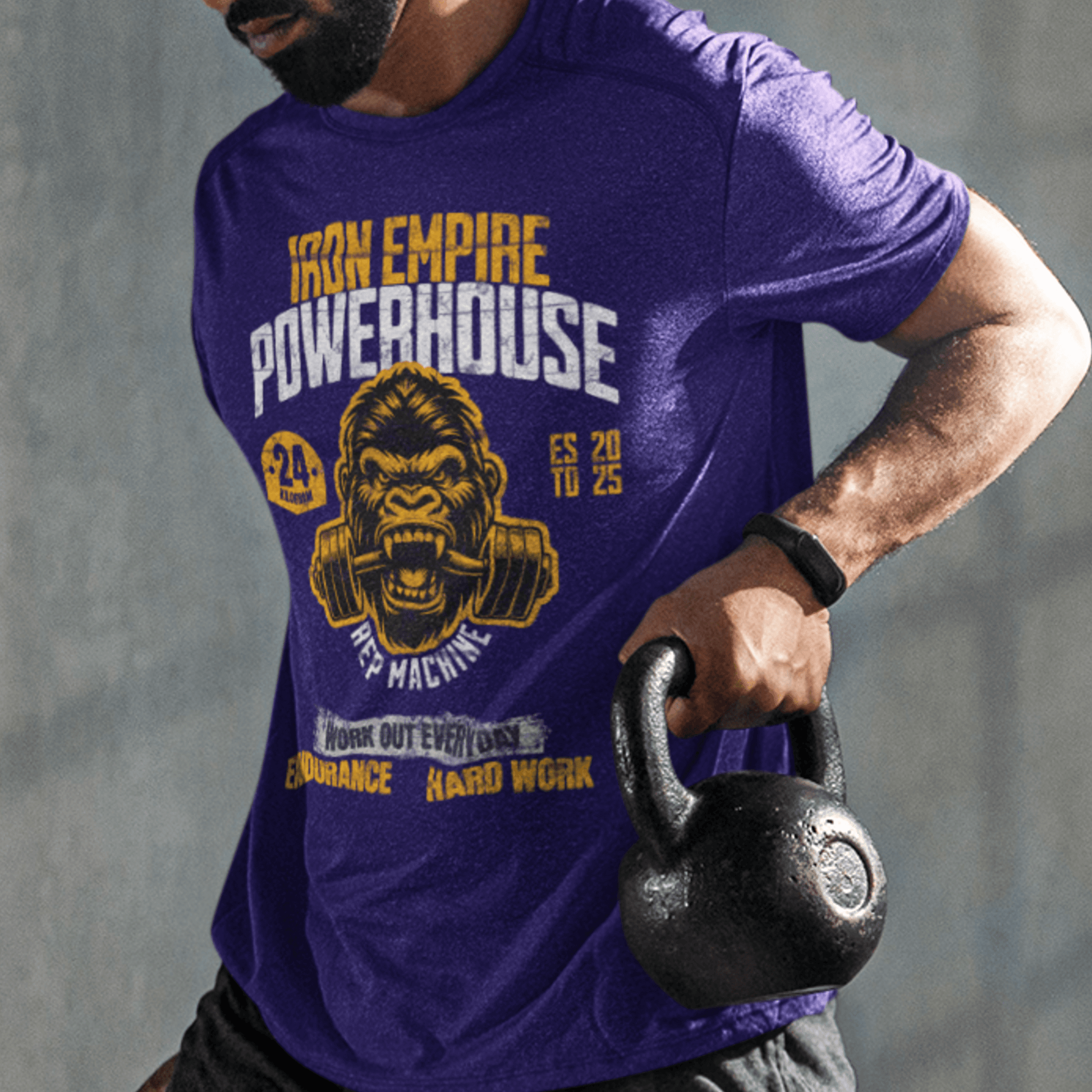 Model wearing unisex gym graphic t-shirt with “Iron Empire Powerhouse” gorilla design, casual cotton tee by LostLogicCo Canada