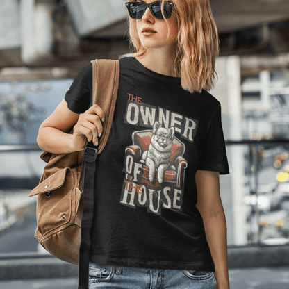 Model wearing unisex dog graphic t-shirt with “Owner of the House” design, casual soft cotton tee by LostLogicCo Canada