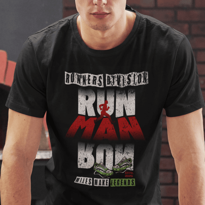 Model wearing unisex running graphic t-shirt with “Run Man Run” motivational design, casual cotton short sleeve tee by LostLogicCo Canada