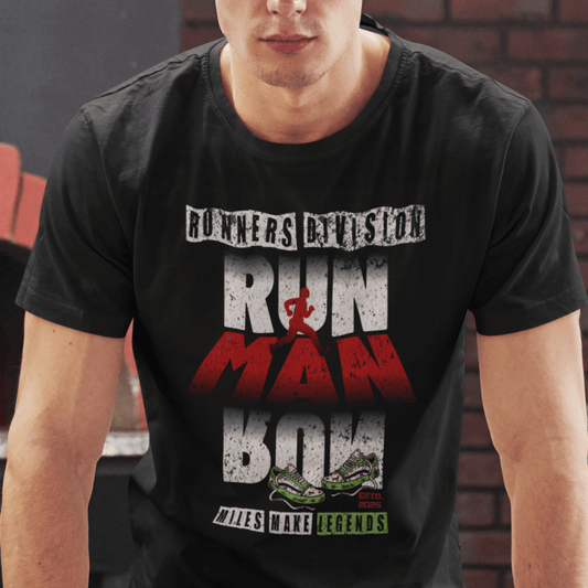 Model wearing unisex running graphic t-shirt with “Run Man Run” motivational design, casual cotton short sleeve tee by LostLogicCo Canada