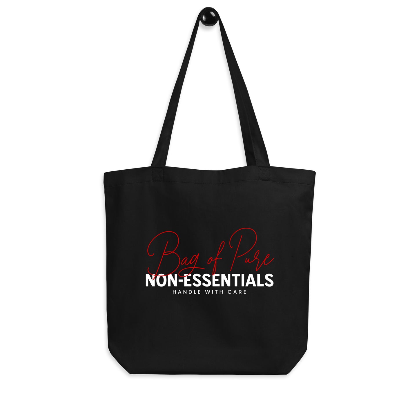 Eco tote bag with “Bag of Pure Non-Essentials Handle with Care” typography design in red and white on black organic cotton by LostLogicCo Canada.