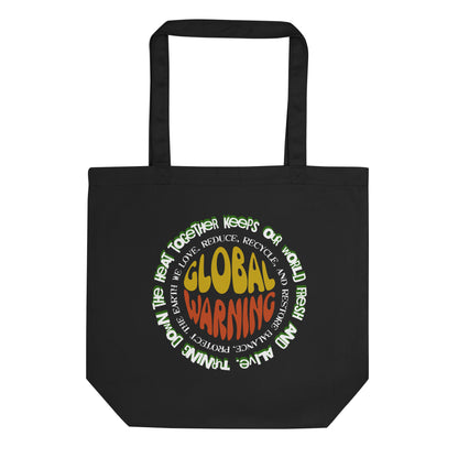 Organic cotton tote bag with “Global Warning” retro environmental typography design by LostLogicCo Canada.