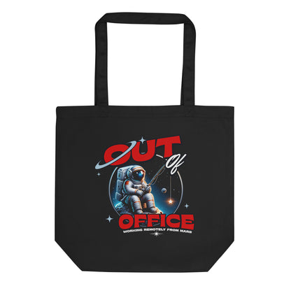 Organic cotton tote bag with astronaut “Out of Office — Working Remotely from Mars” space graphic design by LostLogicCo Canada.