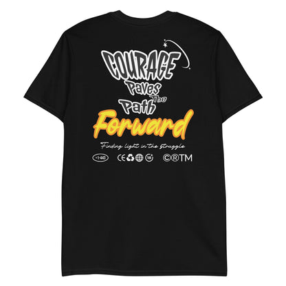 Unisex t-shirt with back print design “Courage Paves the Path Forward” in white and yellow text, motivational cotton tee by LostLogicCo Canada