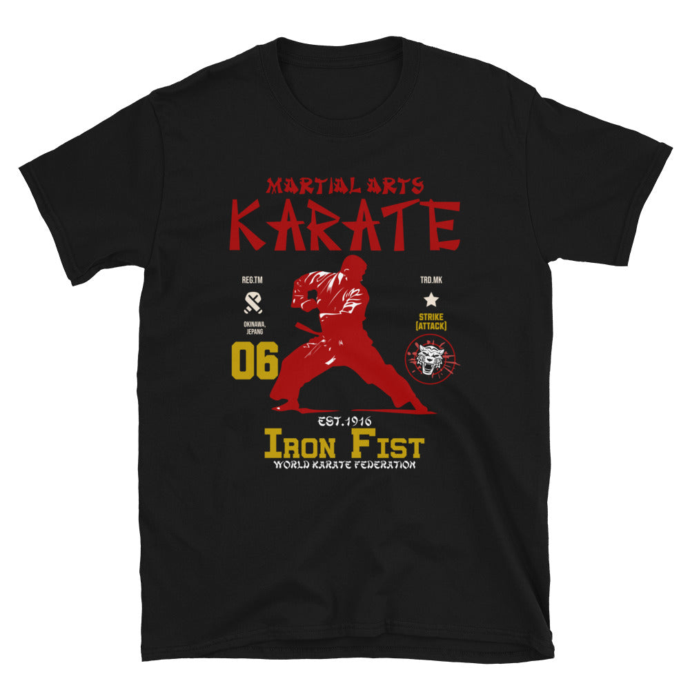 Unisex martial arts t-shirt with “Iron Fist Karate” graphic design, soft cotton short sleeve tee by LostLogicCo Canada
