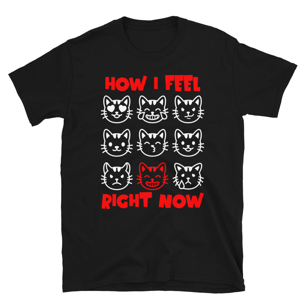 Unisex t-shirt with nine expressive cat faces and “How I Feel Right Now” text, funny mood graphic tee by LostLogicCo Canada
