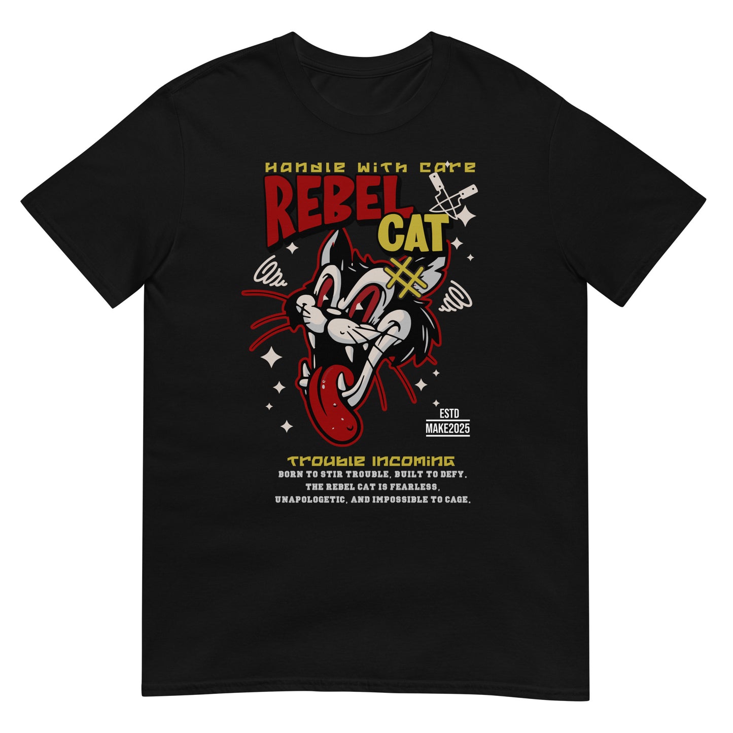 Unisex t-shirt with bold cartoon cat design and “Rebel Cat” text, edgy streetwear graphic tee by LostLogicCo Canada