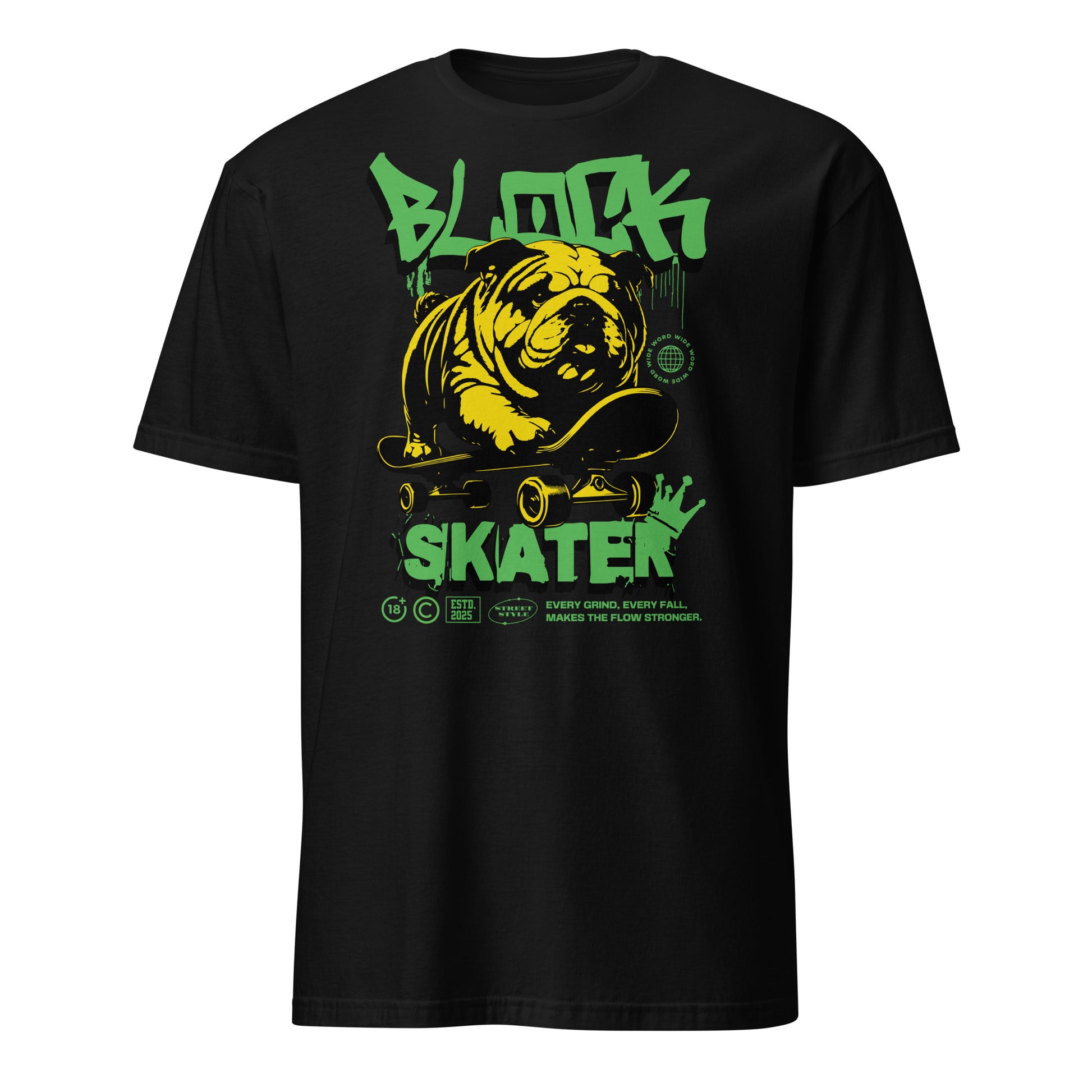 Unisex streetwear t-shirt with bold “BLOCK SKATER” graffiti design featuring bulldog on skateboard, cotton short sleeve tee by LostLogicCo Canada