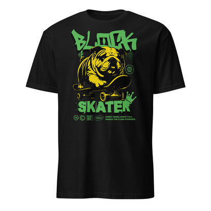 Unisex streetwear t-shirt with bold “BLOCK SKATER” graffiti design featuring bulldog on skateboard, cotton short sleeve tee by LostLogicCo Canada