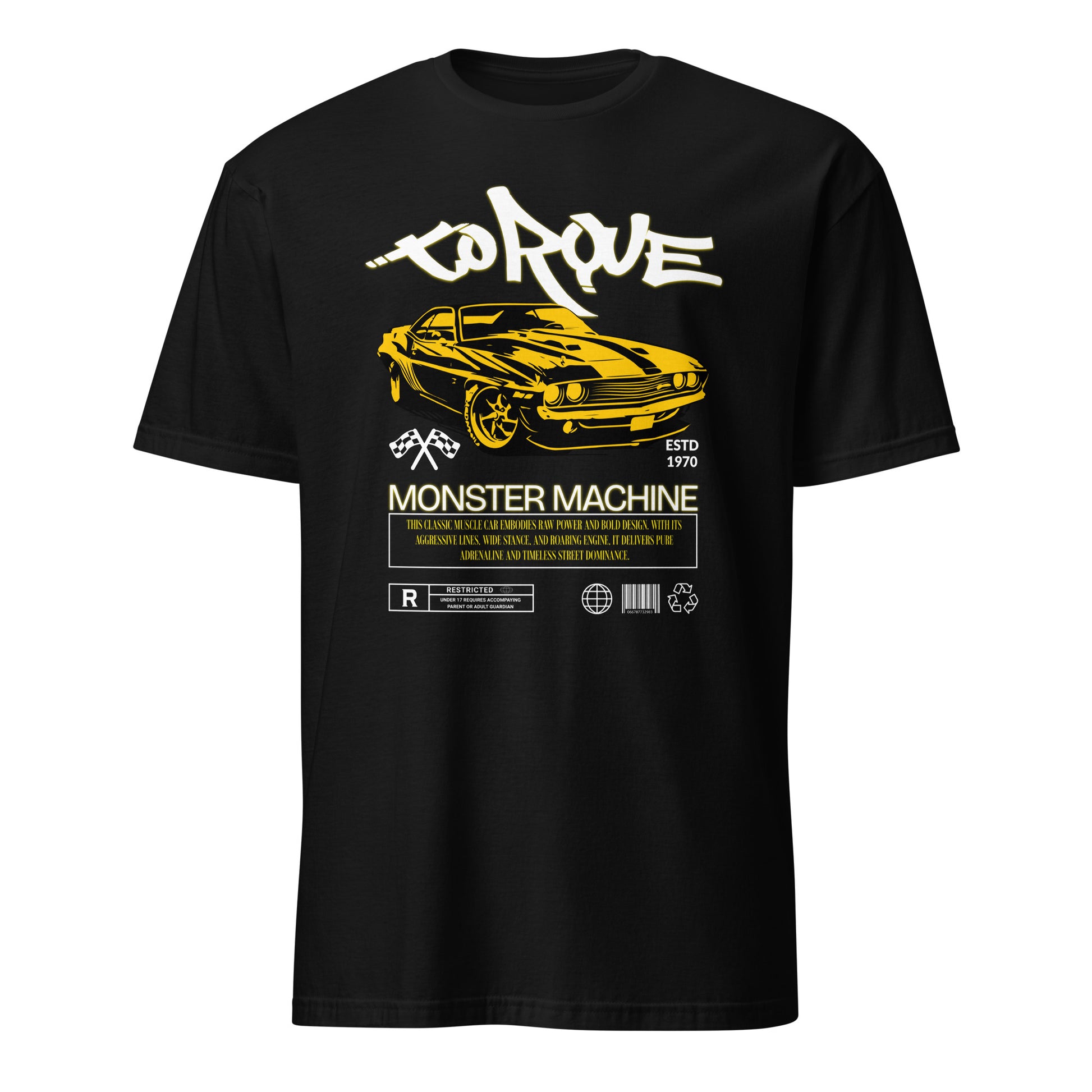 Unisex t-shirt with “Torque Monster Machine” yellow muscle car design and vintage typography, cotton short sleeve tee by LostLogicCo Canada