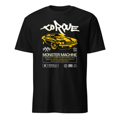Unisex t-shirt with “Torque Monster Machine” yellow muscle car design and vintage typography, cotton short sleeve tee by LostLogicCo Canada