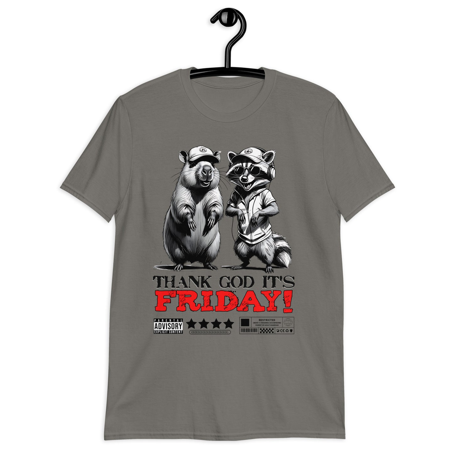 Unisex graphic t-shirt with “Thank God It’s Friday!” cartoon character design, soft cotton short sleeve tee by LostLogicCo Canada