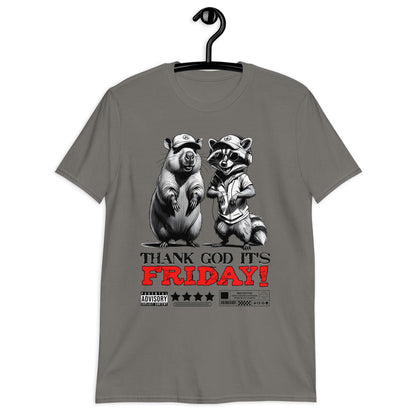 Unisex graphic t-shirt with “Thank God It’s Friday!” cartoon character design, soft cotton short sleeve tee by LostLogicCo Canada