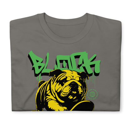 Unisex streetwear t-shirt with bold “BLOCK SKATER” graffiti design featuring bulldog on skateboard, cotton short sleeve tee by LostLogicCo Canada