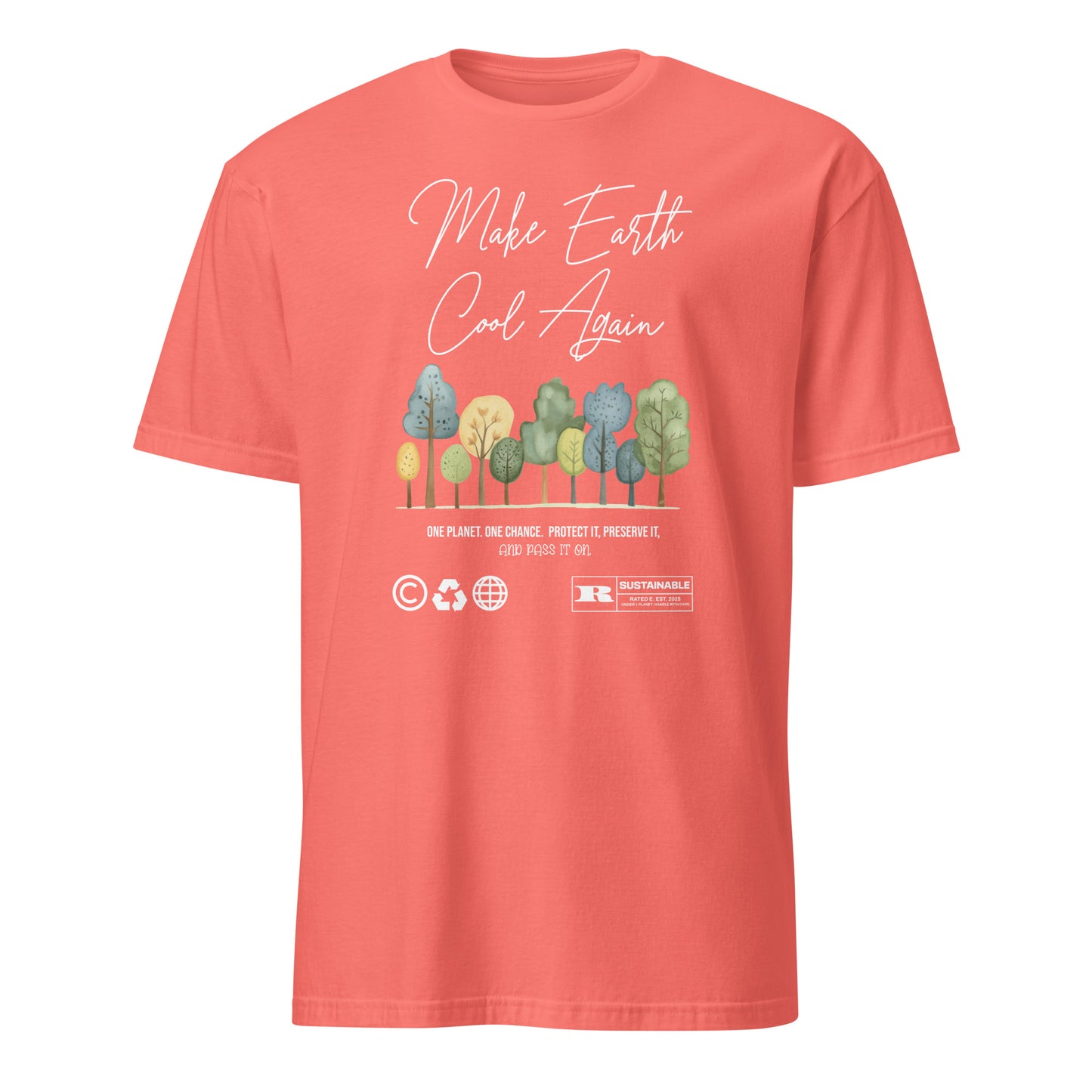Unisex t-shirt with “Make Earth Cool Again” typography and pastel tree illustration, eco-awareness cotton tee by LostLogicCo Canada