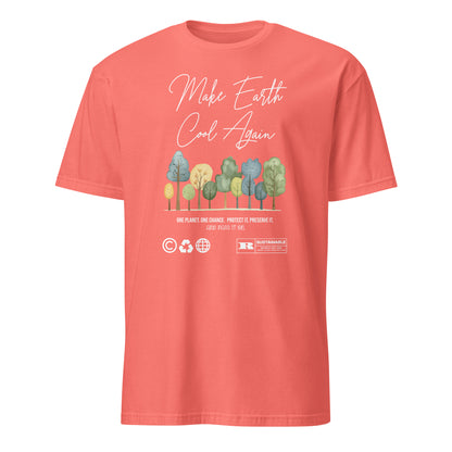 Unisex t-shirt with “Make Earth Cool Again” typography and pastel tree illustration, eco-awareness cotton tee by LostLogicCo Canada
