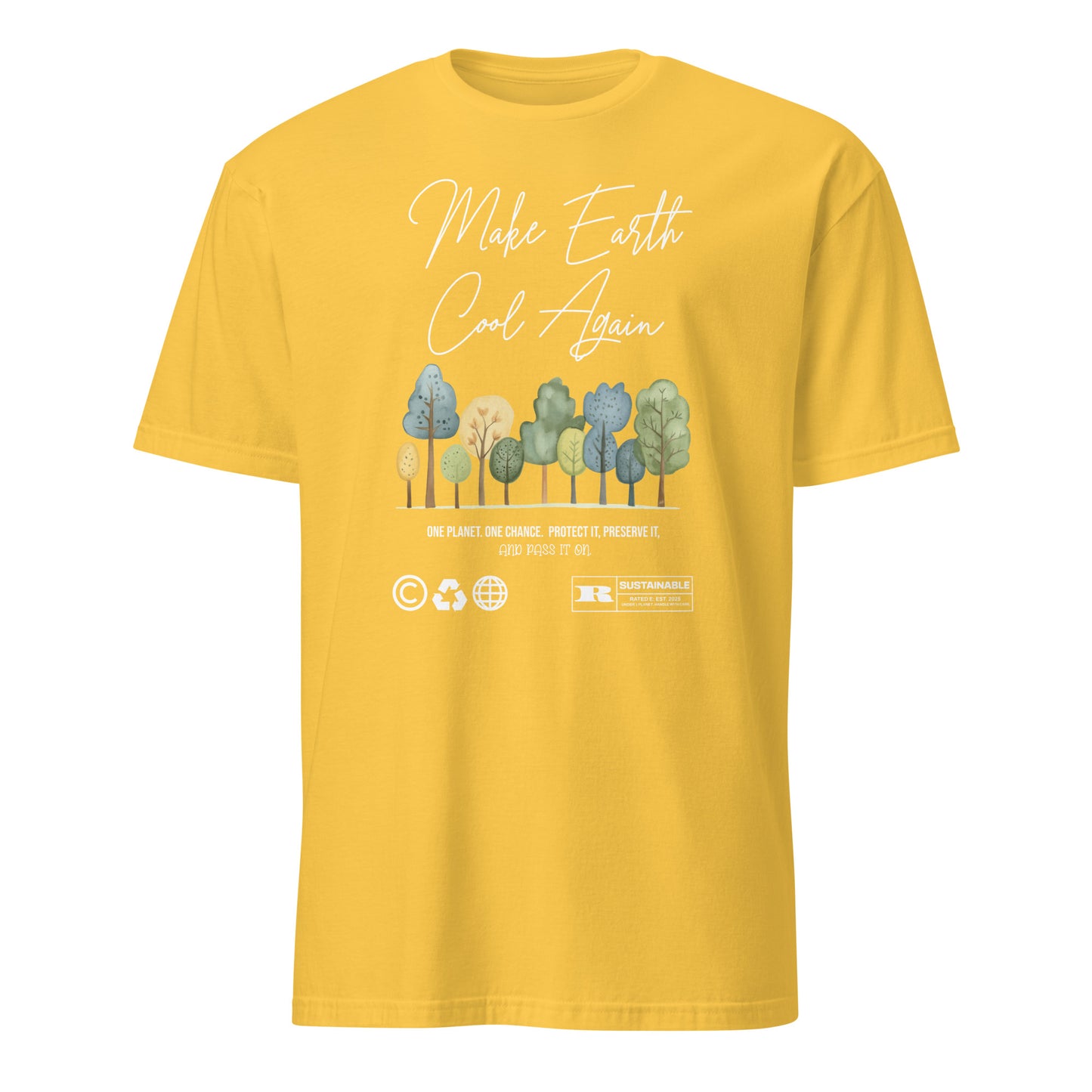Unisex t-shirt with “Make Earth Cool Again” typography and pastel tree illustration, eco-awareness cotton tee by LostLogicCo Canada